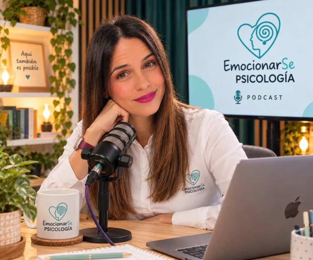 Arancha Clares grabando «Un podcast para Emocionarse»